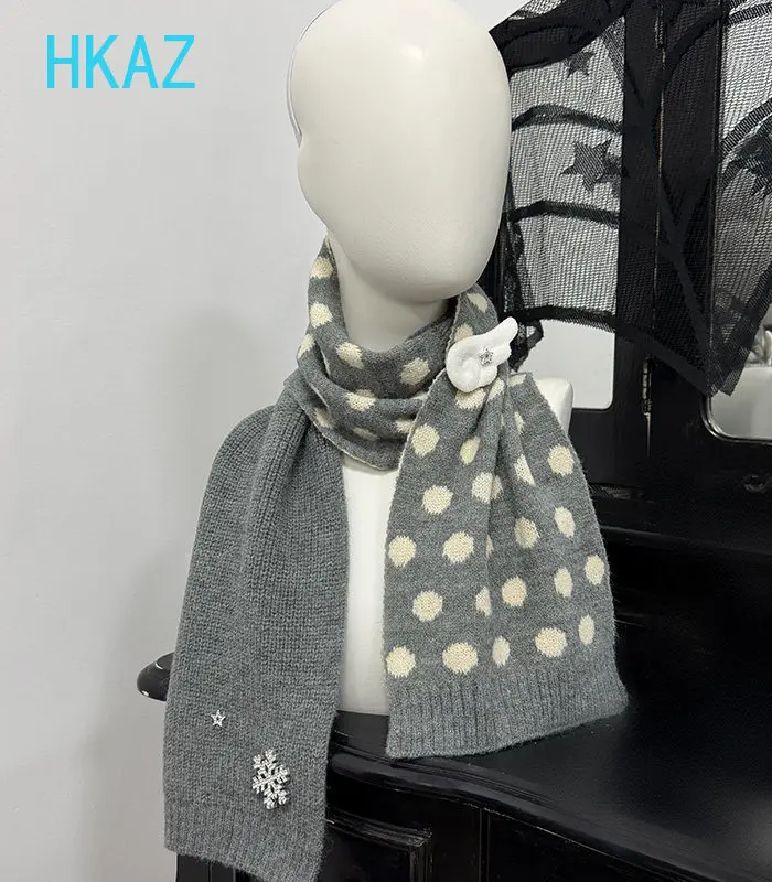 Original New Polka Dot Scarf Autumn and Winter New Warm Retro Sweet Girls Student Scarves Versatile Knitted Scarf for Women