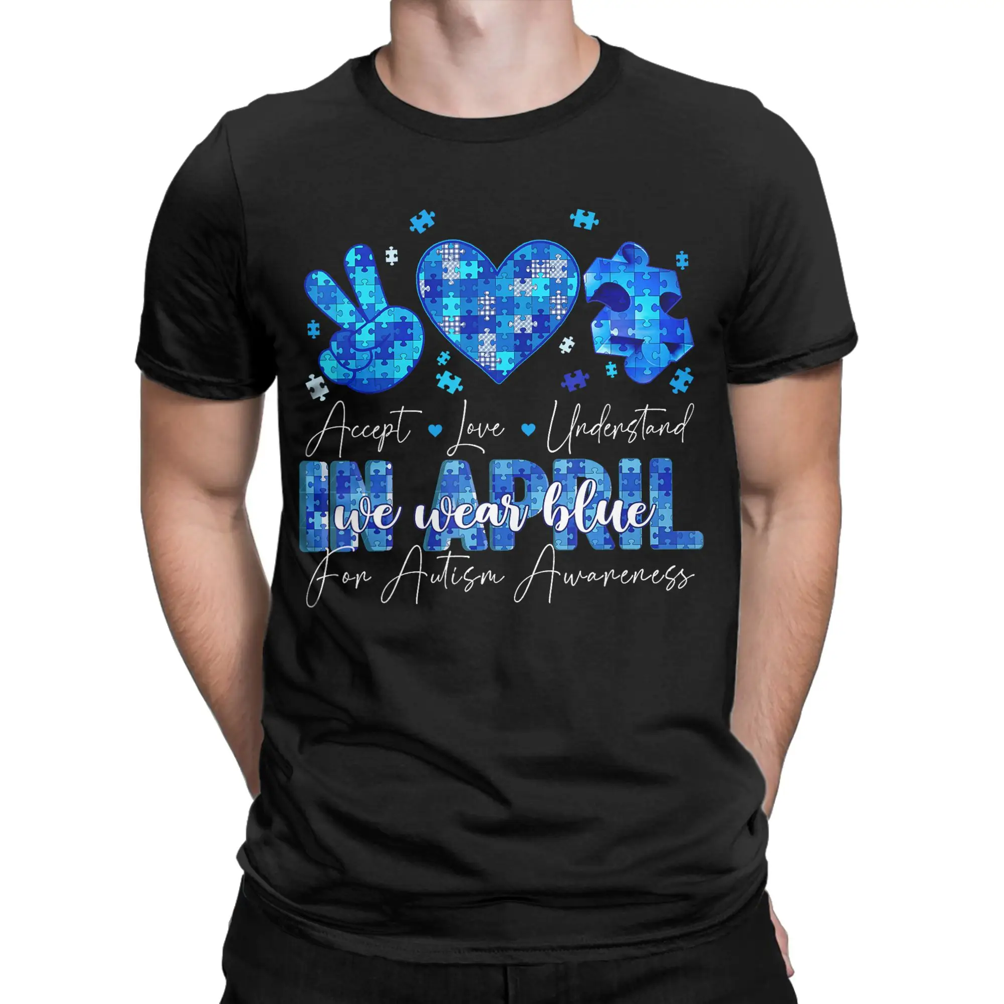 Men April We Wear Blue Autism Awareness T Shirt  100% Cotton Clothes Vintage Short Sleeve Round Collar Tee Shirt Party T-Shirt