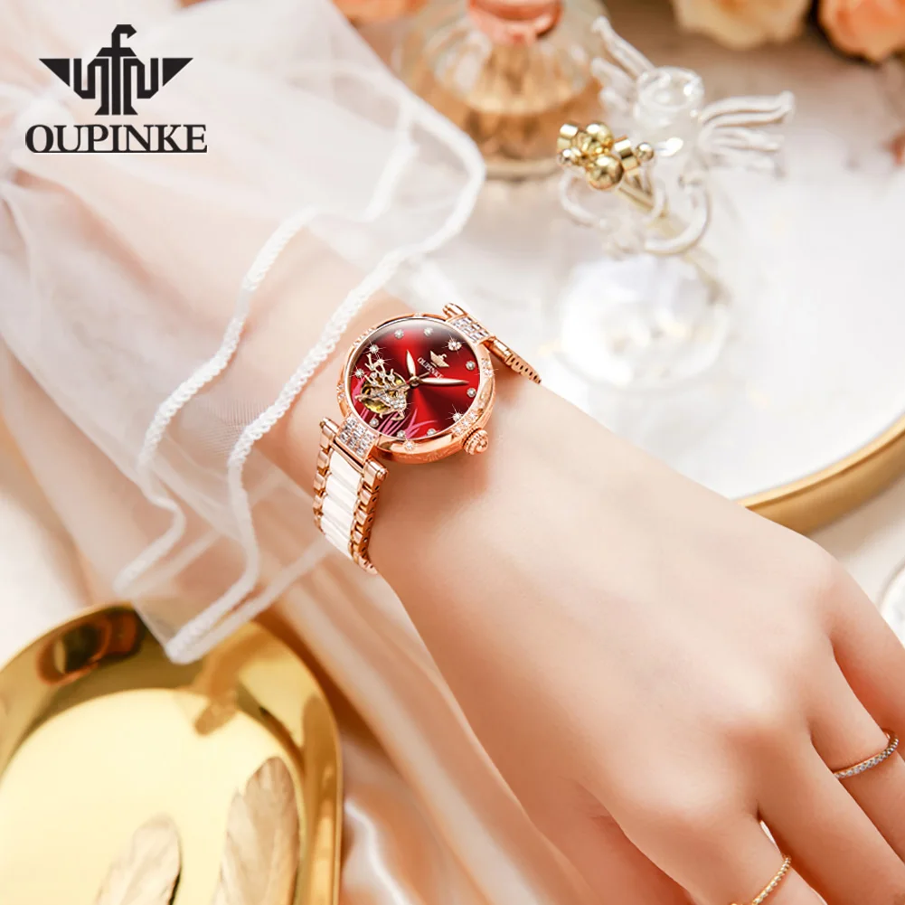 OUPINKE 3211 Womens Watch Original Luxury Automatic Mechanical Watch 50M Waterproof Luminous Stainless Watches For Women Gifts