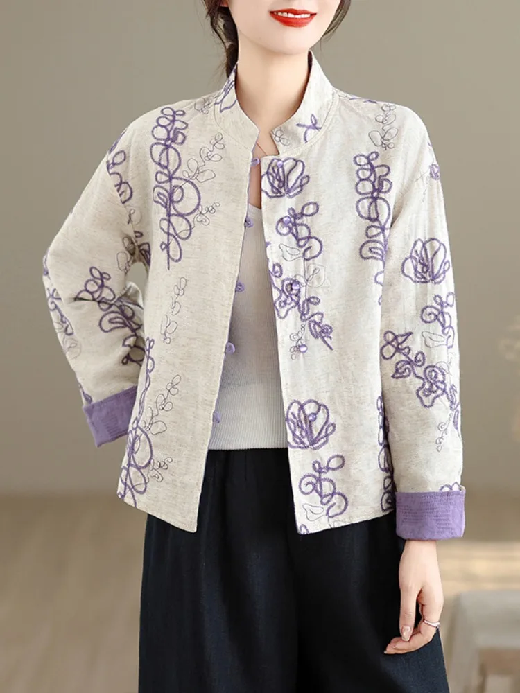 

Chinese Sle Purple Cotton Linen Embroidered ort Jaet Women's Double-Sided Wearable Long Sve Open Cardigan Design Top