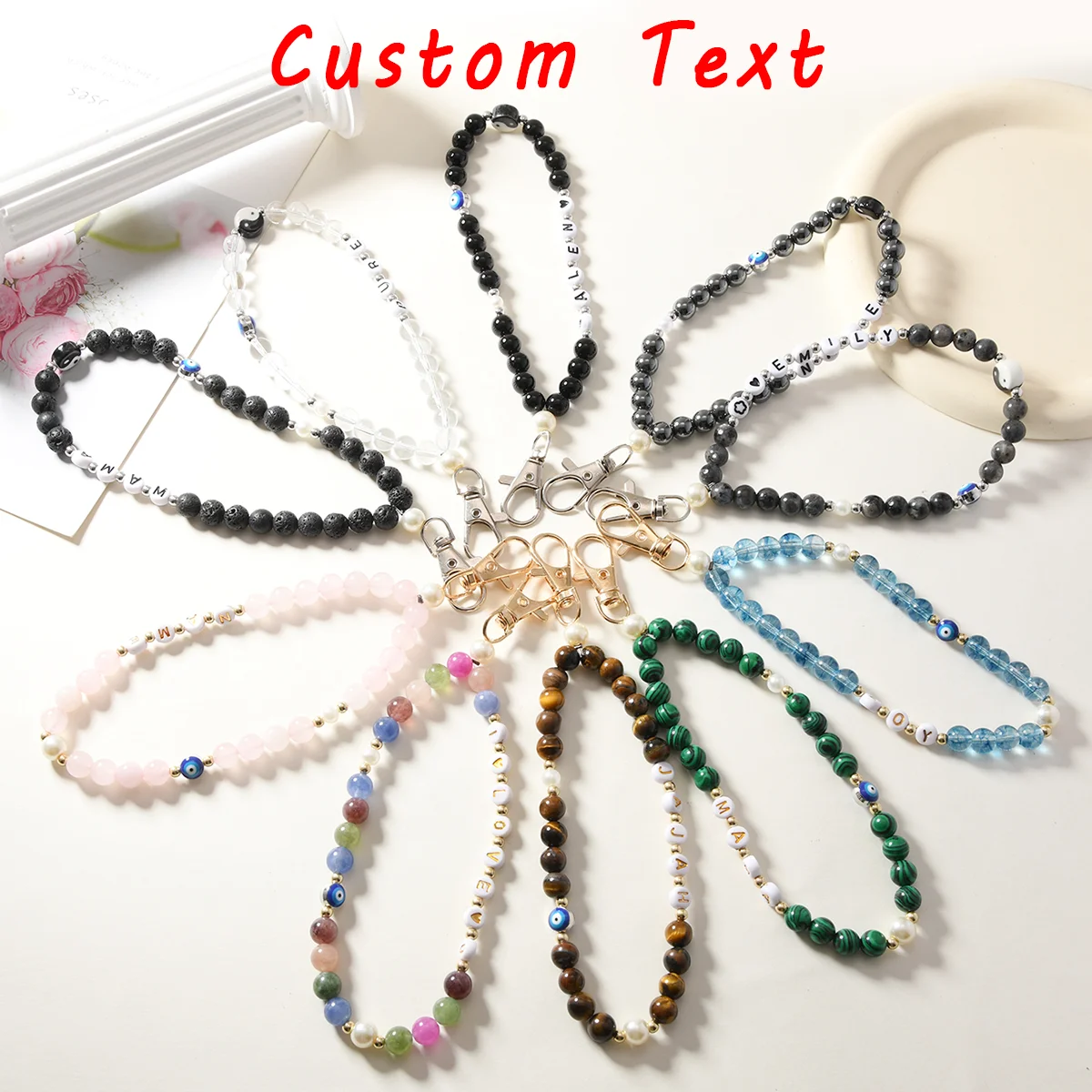 1PC Letter Customized Natural Stone Beaded Keychain Tiger Eye Black Glossy Mobile Phone Chain Luggage Keychain Pendant