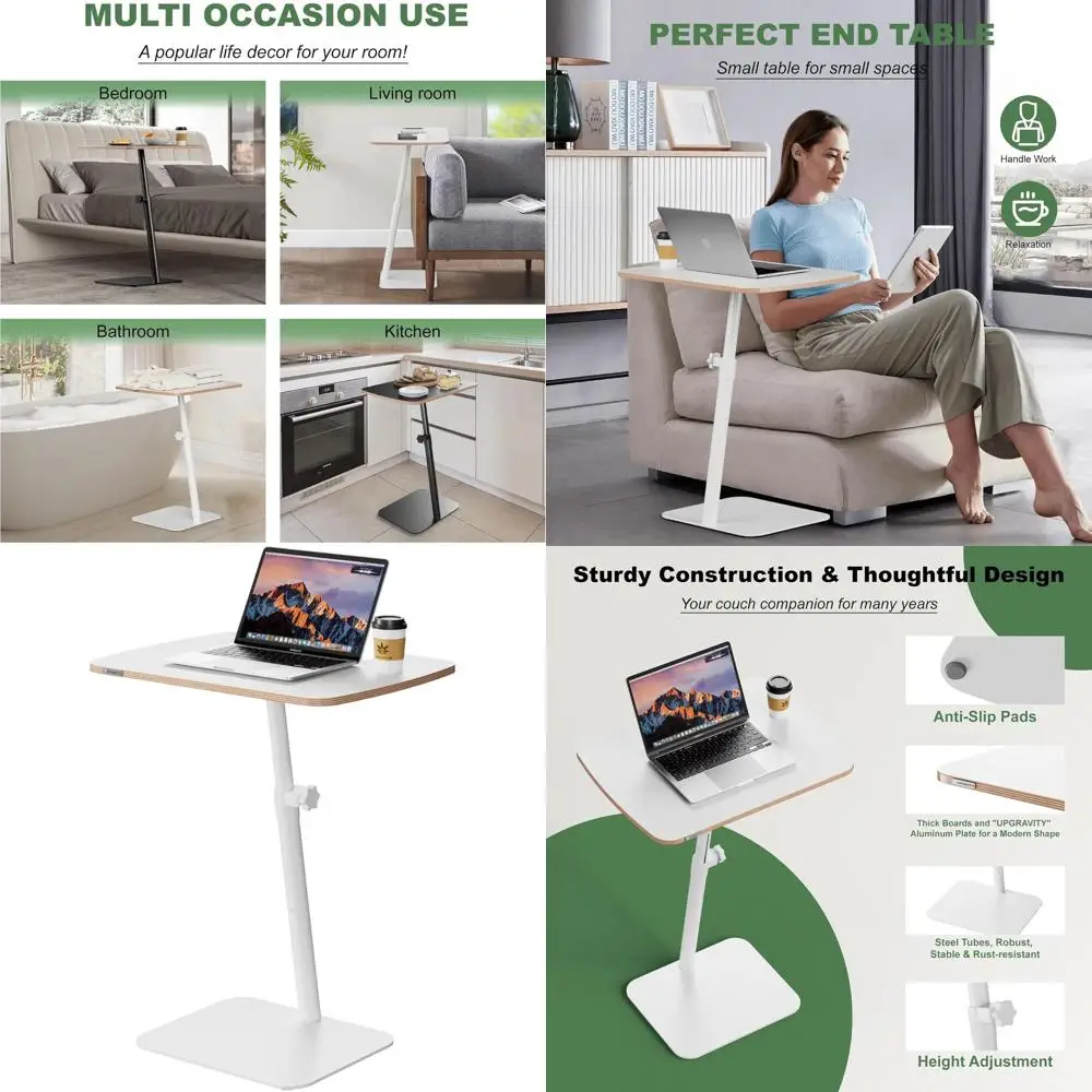 

Modern White C-Shaped Height-Adjustable End Table for Small Spaces, Under-Couch Laptop Desk with Metal Base, Suitable for Living