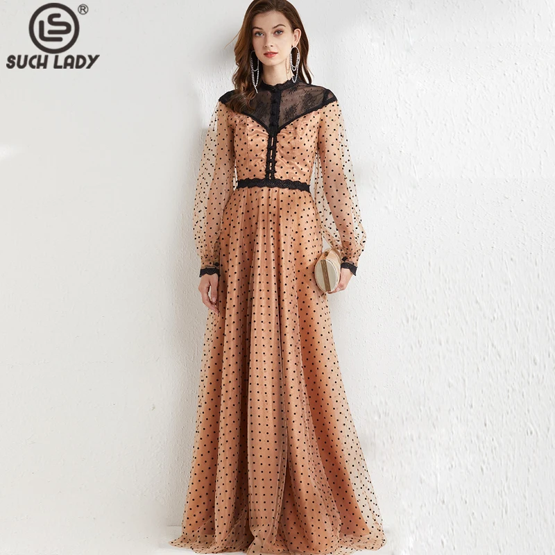 

Women's Dresses Stand Collar Long Lantern Sleeves Dots Printed Lace Patchwork Elegnat Fashion A Line Maxi Prom Vestidos