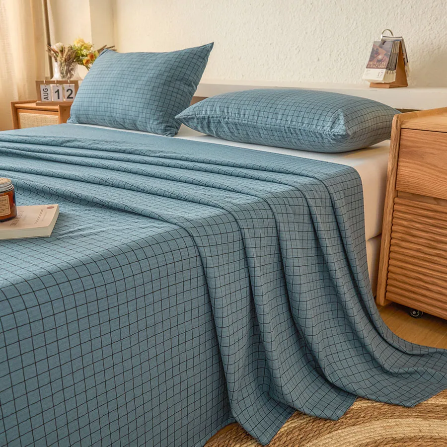 New 2026 High Density Washed Cotton Bedding Set Extra Large Grid Pillowcases Machine Washable Bed Sheets for Home Use 240x270cm