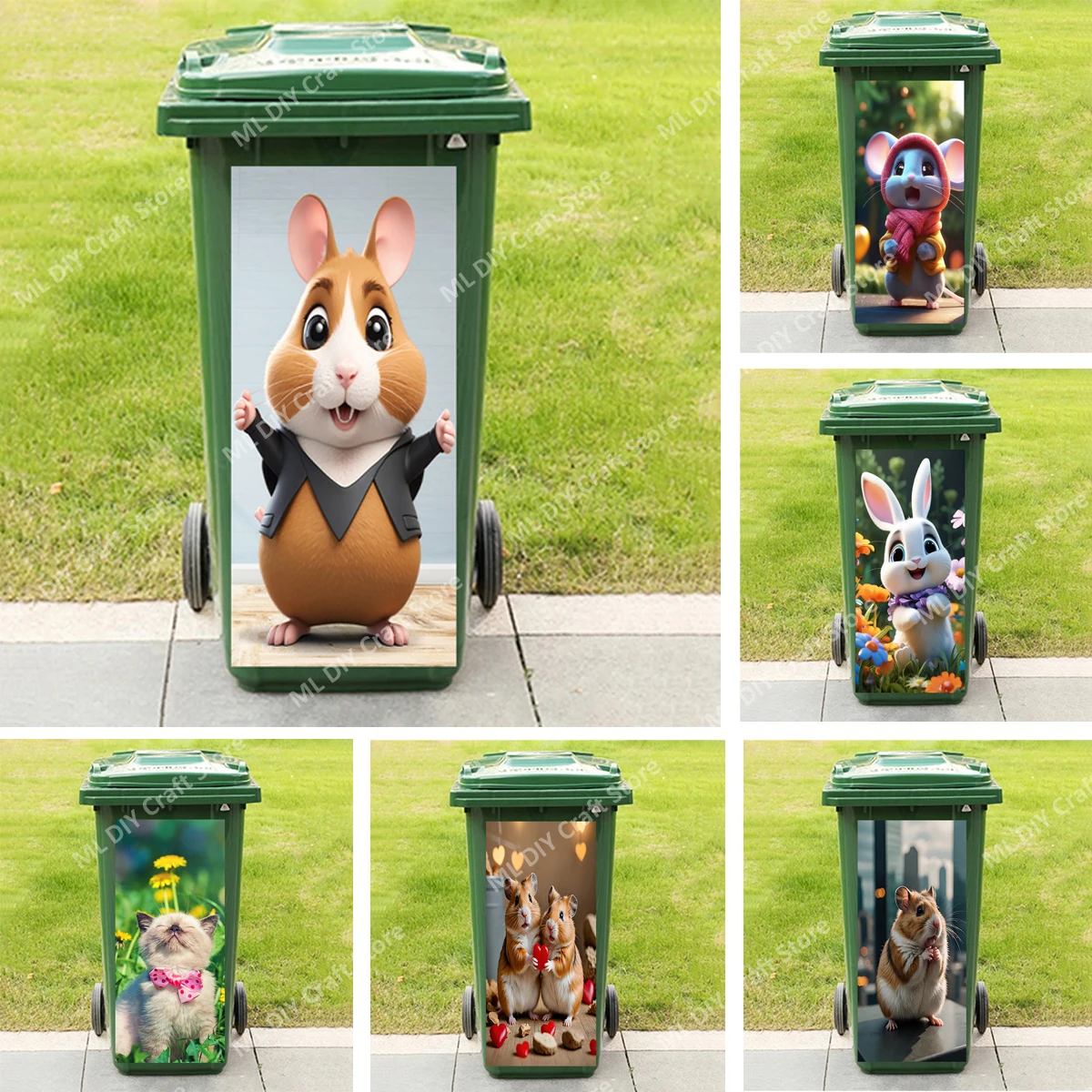 New Cute Animals Trash Can Sticker Removable Waterproof Outdoor PVC Natural Hamster Smiling Cat Exterior 240l Decorations