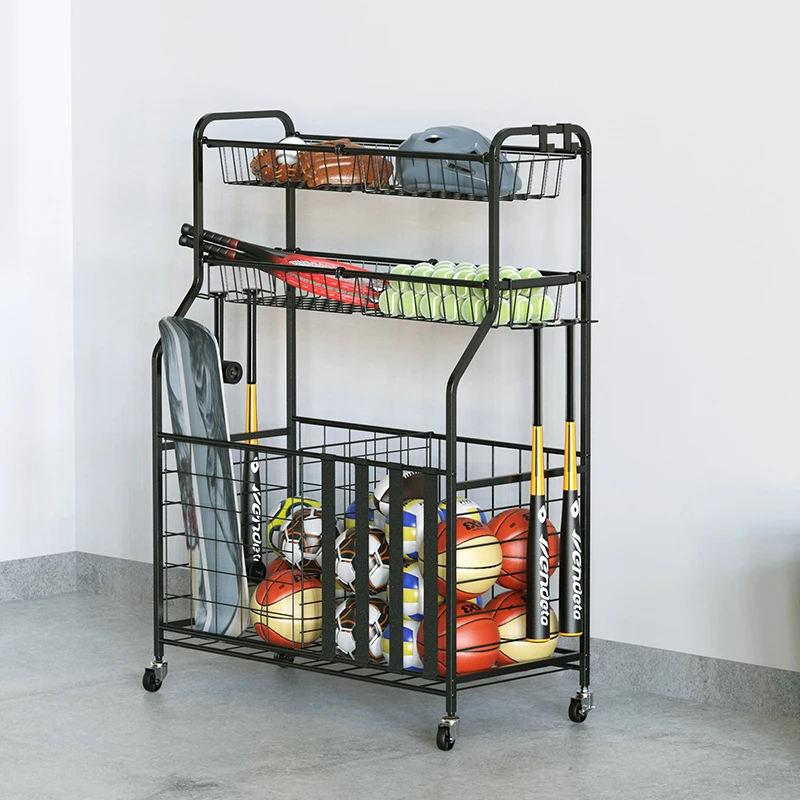 

Customized Garage Sports Equipment Organizer Rack Ball Storage Ball Sports Storage Cart with Baskets and Hooks