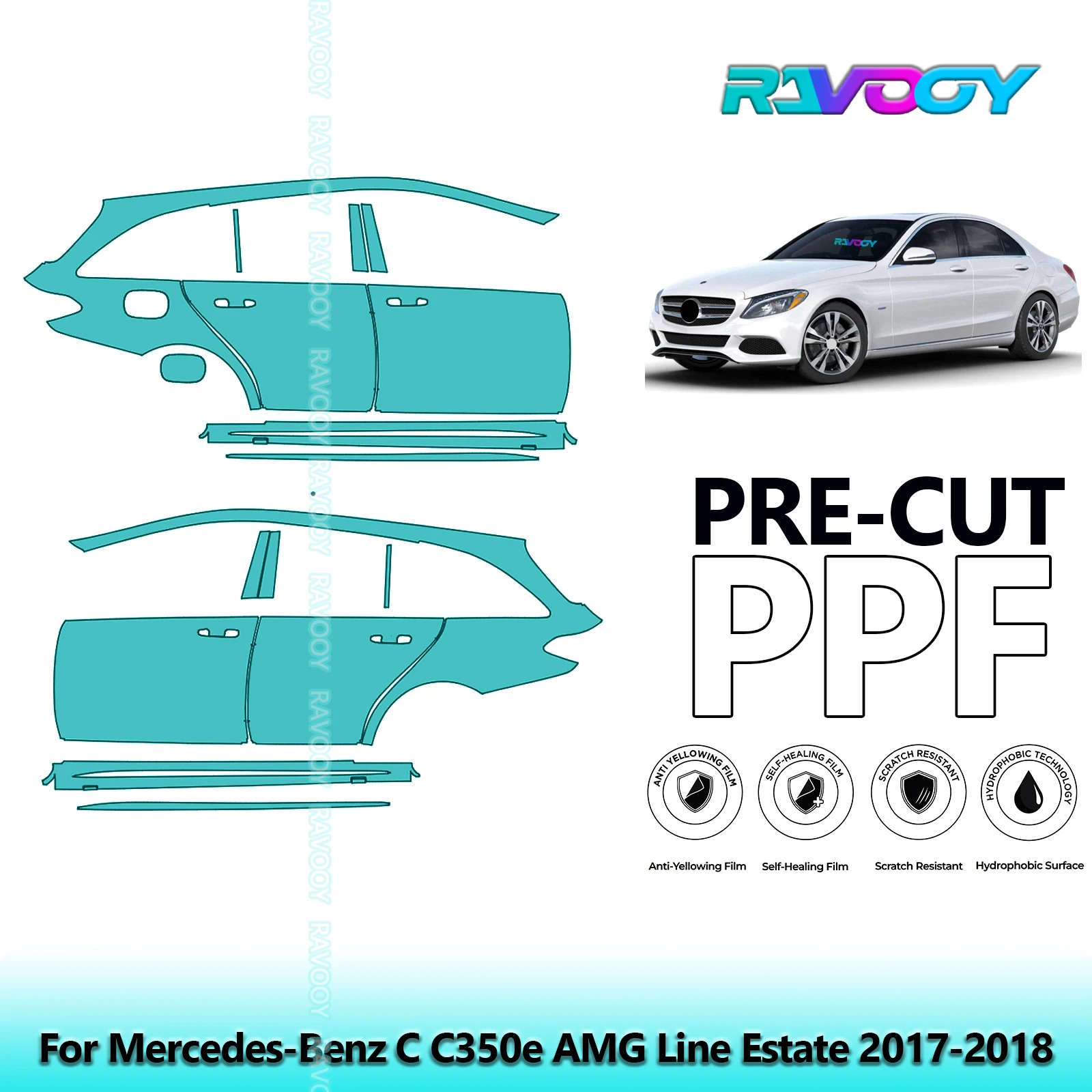 

For Mercedes-Benz C C350e AMG Line Estate 2017-2018 8.5mil Pre-Cut PPF Door & A/B Pillar Kit TPU Paint Protection Film Set