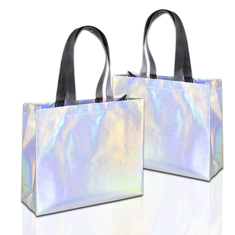 5pcs Handheld Shopping Bags Gift Holographic Bags Reusable Iridescent Tote Packaging Silver Wrapping Bags Birthday Party Supplie