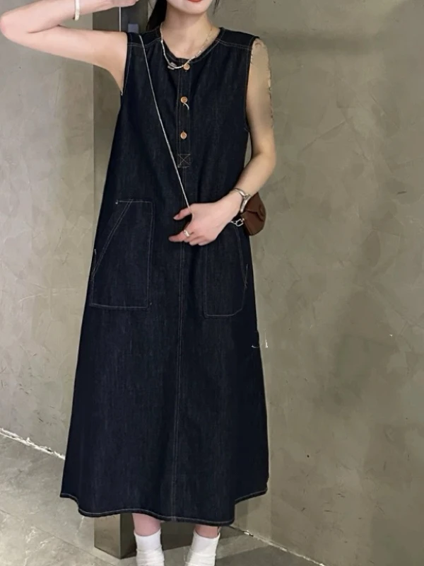 Retro runde Ne Weste Dr frauen Sommer Neue Koreanische Version Abnehmen Denim Langen Rock A-Line Silhouette No-Sve lange Dr