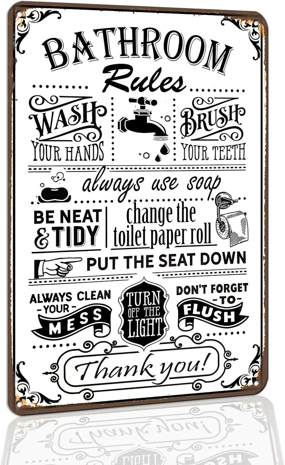 Funny Bathroom Rules Vintage Metal Wall Art Tin Sign   | Aluminum,Restroom Decor, Sea Inspired Decor, Rustic Beach Themed--Tin S