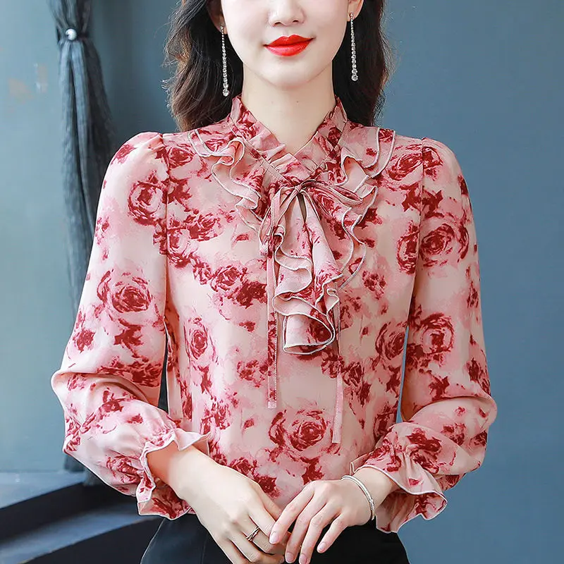 Women\'s Korean Fashion Silk Ruffles Bow Floral Printed Blouse Vintage Elegant Lace Up Shirt Female Casual Long Sleeve Loose Tops