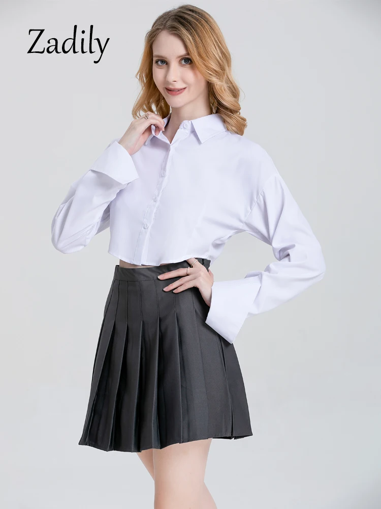 Women's Long Sleeve Button Up Minimalist Cotton Crop Shirt, Office Lady Tops, White Work Clothing, Korea Style, Summer, 2024