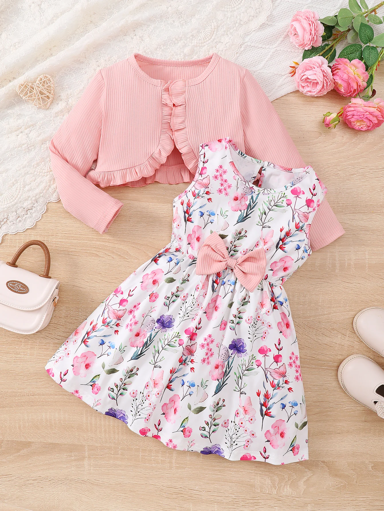 4-7 Years Kids Girls 2PCS Dress Set Solid Knitted Overcoat+Floral Sleeveless Dress with Belt Photography Style Princess Clothing