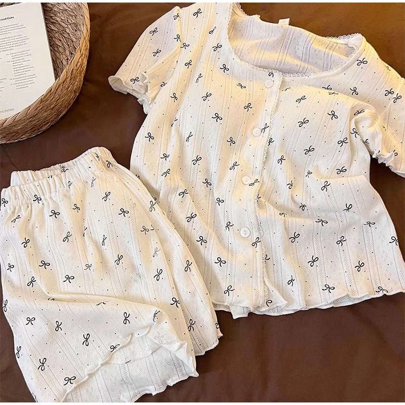 

Sweet Girl Polka Dot Bow Printed Pajama Set Short Sleeved Top With Chest Cushion And Shorts Casual Summer Breathable Home Wear