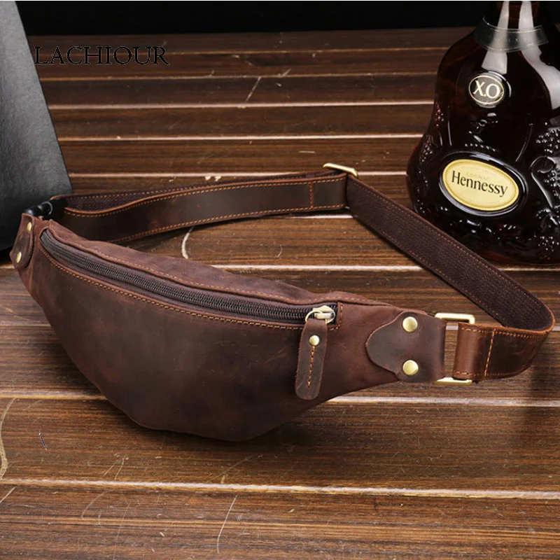 Men Genuine Leather Waist Pack Male Crazy Horse Fanny Packs Vintage Bag Men's Crossbody Shoulder