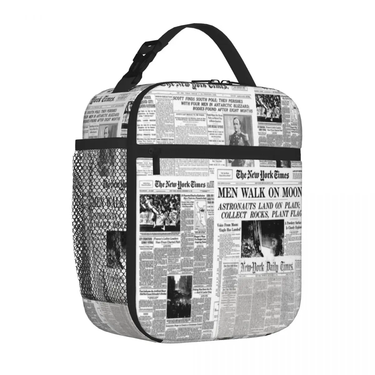 Hot Sale Newspaper Print White Multi Pocket Canvas Lunch Bag Workplace Meal Lunch Handbag