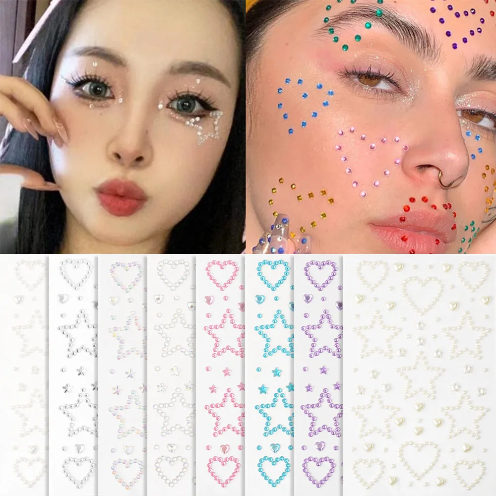 3D Face Jewels Body Brow Diamond Colorful Mix Size Star Love  Crystal Tattoo Girls Fairy Self Adhesive Facial Rhinestone Sticker