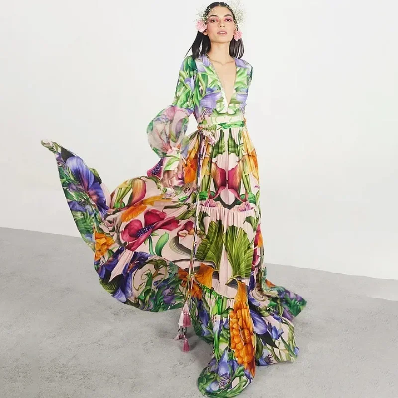 Traje de baño para mujer, cuello en V, manga larga, estampado de flores, traje de baño de una pieza y falda, ropa de playa, traje de baño, bikini de dos piezas