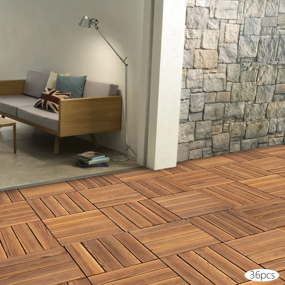 36Pack 11.8*11.8inch Wood Flooring Tile, Interlocking Carpet Floor Tiles, Patio, Living Room, Outdoor Indoor, Natural Wood PE Base, Eco-Friendly, Easy Assembly, Durable, Breathable for Garden Home Use