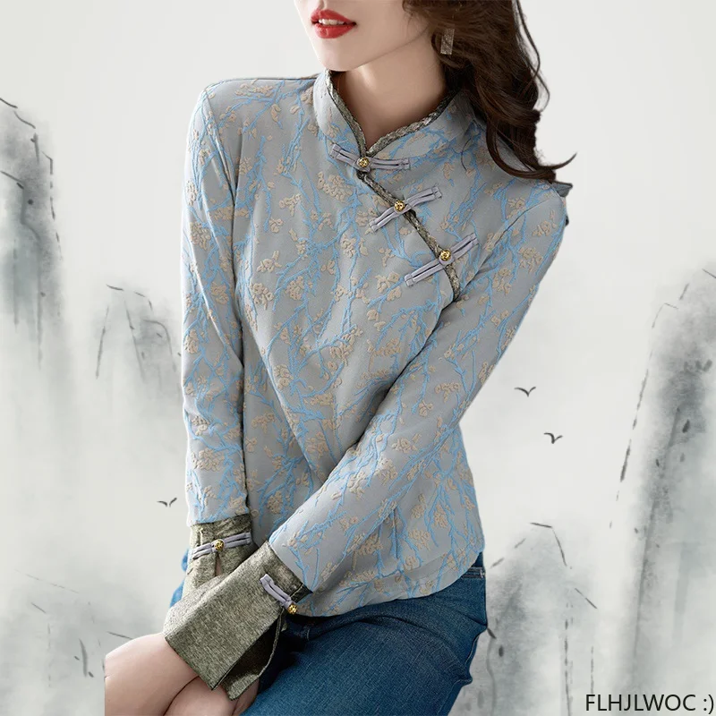 Chinese Style Chi-pao Collar Design Flower Lace Tops New Year 2024 Spring Women Date Girls Elegant Retro Shirt Blouse Vintage