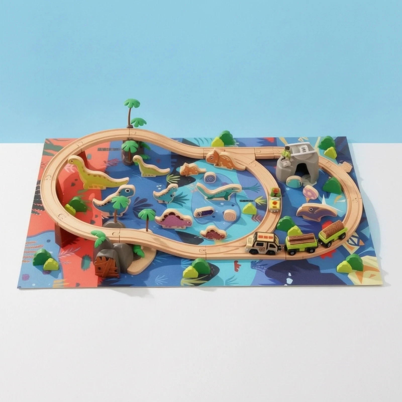 Dinosaur Track Toy Tabletop Playset Wooden Train Track Set with Electric Vehicle Dinosaur-themed for Kids Room Play