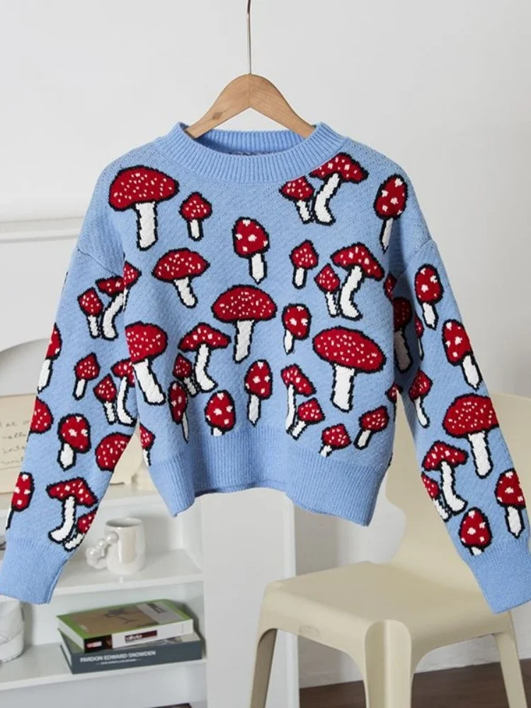 Korean Fashion Cute Knit Sweater Jacket Red Mushroom Cartoon Jacquard Jumper Pullover High Quality Winter Thick TOP Sweet Women