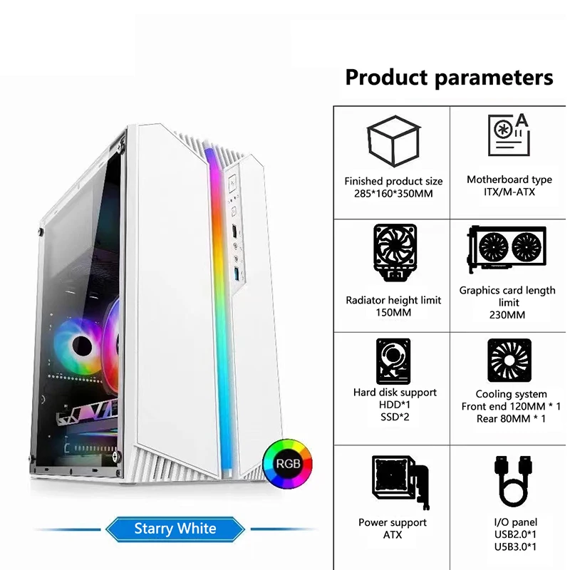 برج كمبيوتر أكريليك مع فتحة بطاقة رسومية 230 مم، ودعم اللوحة الأم M-ATX/ITX، وتوافق SSD، ومصابيح RGB