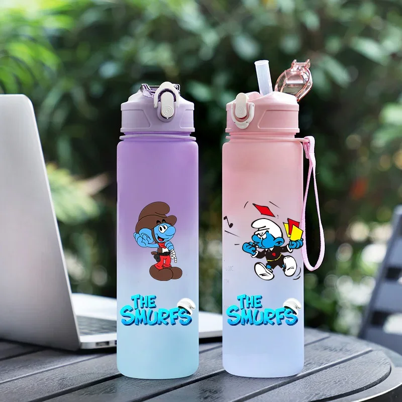 750ML Smurfs Season Cartoon Plastic Gradient Water Bottle Portable Large Capacity Water Bottle Outdoor Travel Sports Water Cup