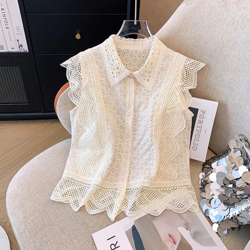 French Hollow out Lace Blouse Polo Collar Summer Shirt Vintage Turn Down Collar Short Sleeve Crochet Tops