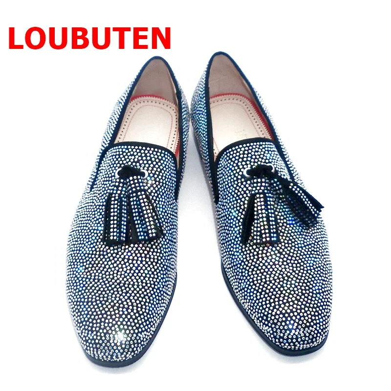 LOUBUTEN Luxury Newest Sparkled Rhinestone Loafers Tassel Men Shoes Stylish Man Dress Shoes Breathable Wedding Shoes