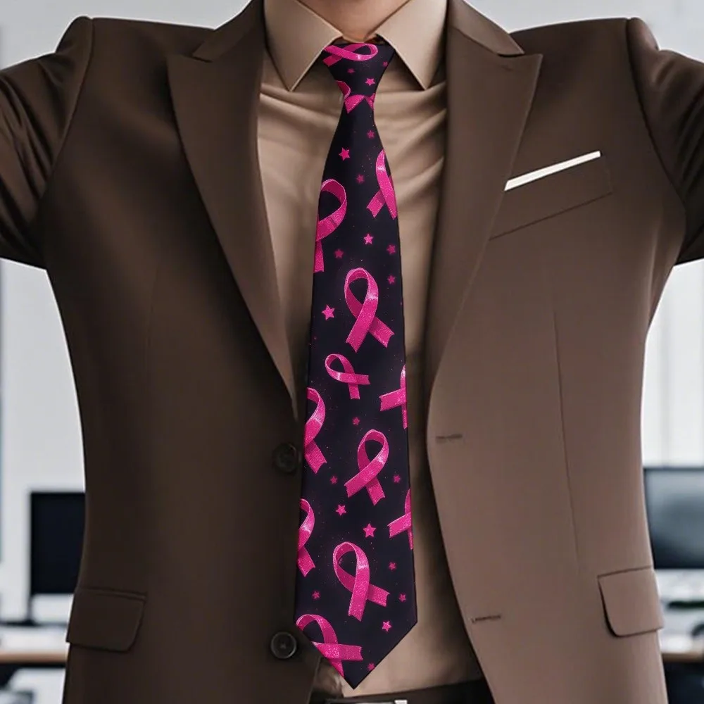 This Is a 2D Flat-Printed Necktie Featuring a Breast Cancer Awareness Ribbon Design Perfect for Office Commutes