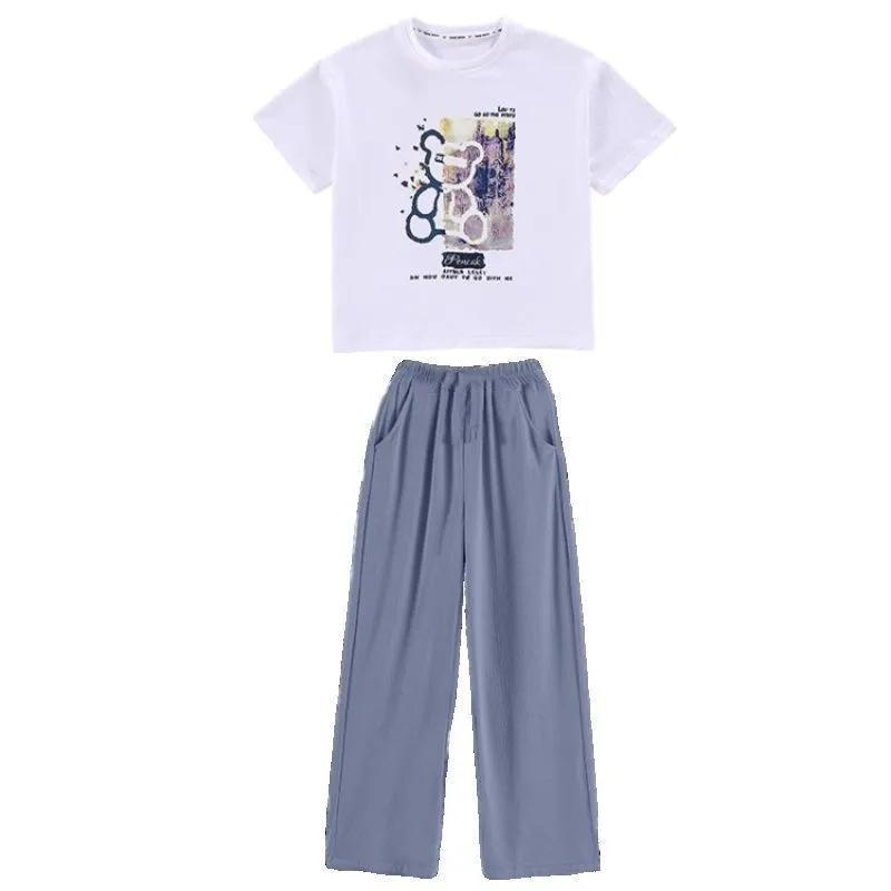 Summer Girls Cotton Cartoon Printed T-Shirt Tops+Lightweight Ice Silk Pant Sets School Kids 2PCS Tracksuit Child Outfits 5-16 Yr