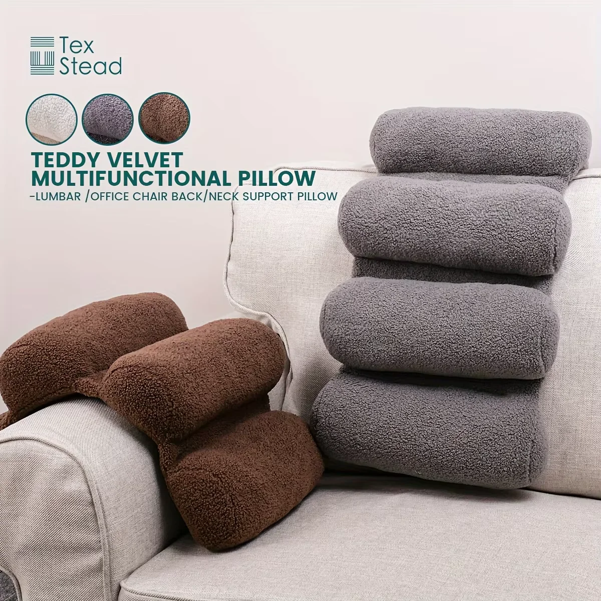 Teddy Plush 5-Section Pillow,Long Bolster Massage Cushion,Lumbar Back Support for Chair Couch,Soft Cozy Polyester Fill
