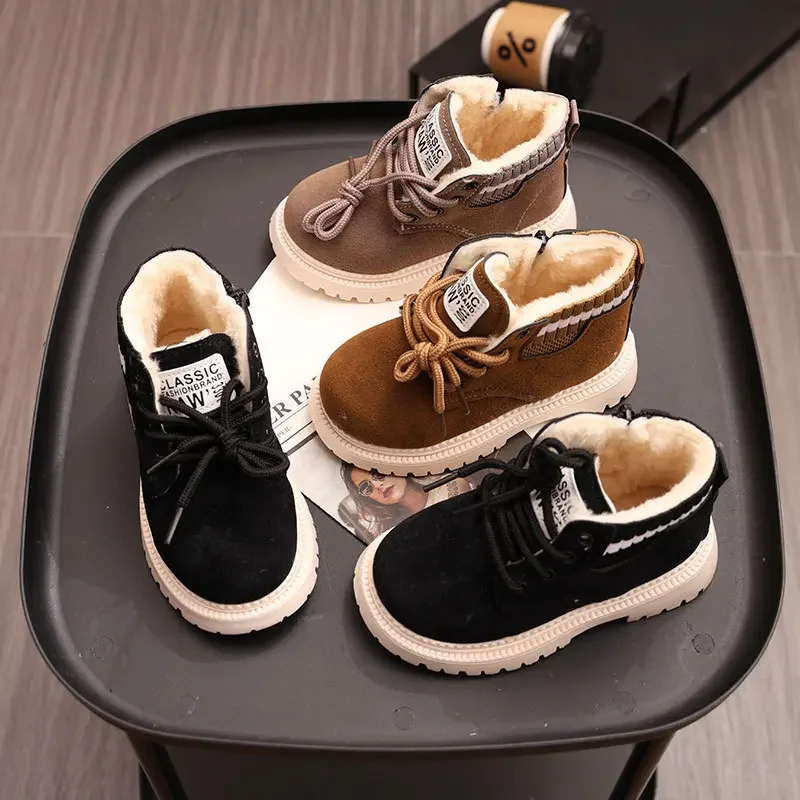 Children's Fashion Cotton Shoes Boys' Warm Winter Cotton Lined Ankle Boots for Boys Girls Side Zipper Retro Snow Thermal Boots
