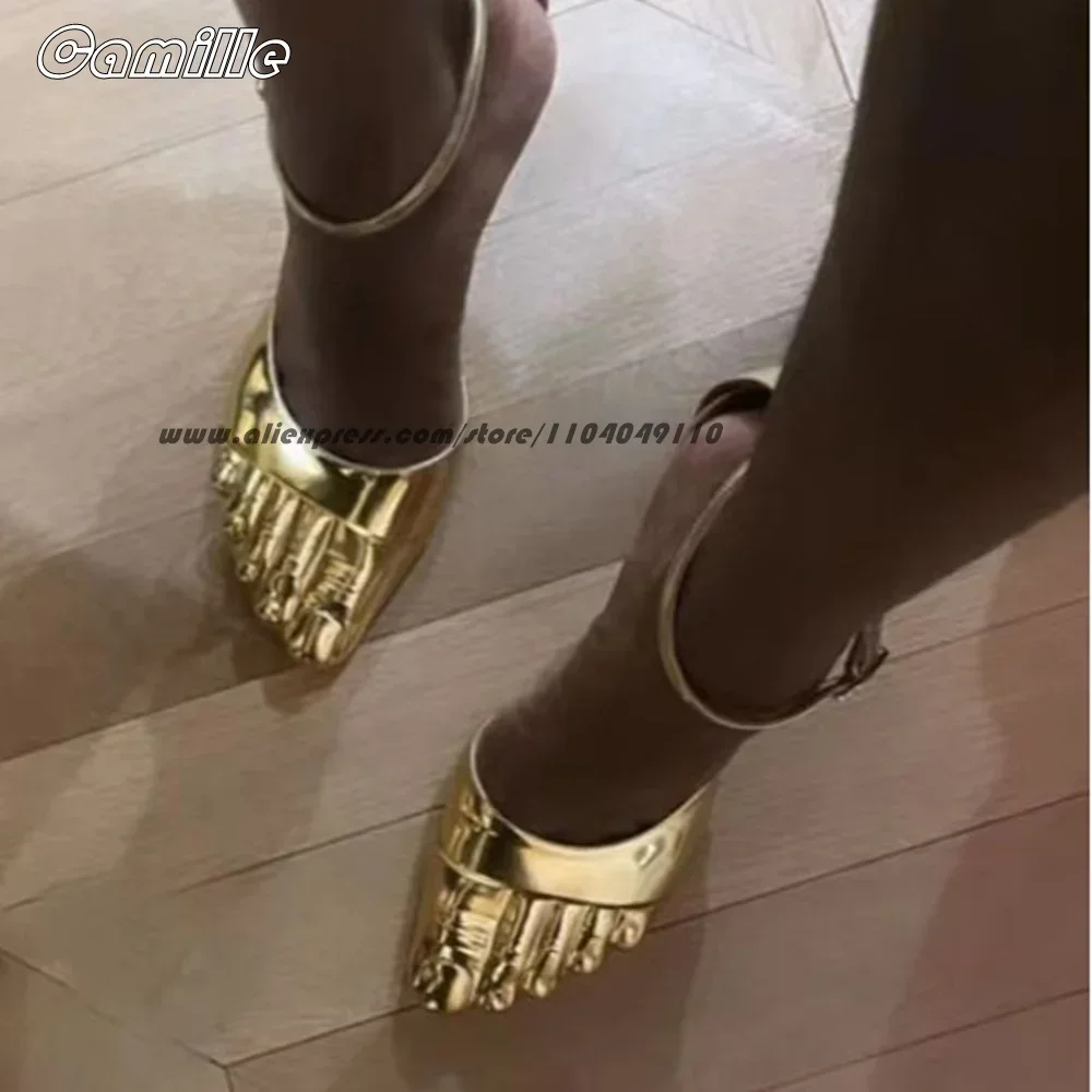 Genuine Leather Metal Toe Belt Buckle Strap Sandals Open Toe Sexy Lady Five Finger Shoe Size 36-43 Shallow Luxury Party Shoes