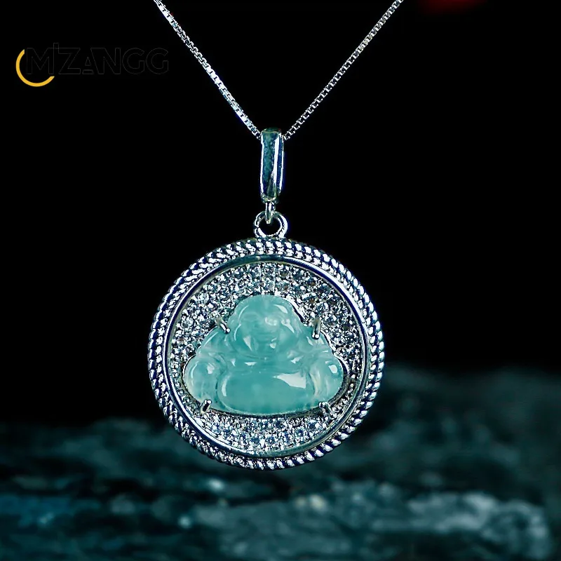 

Кулон Будды Майтрейи с натуральным жадеитом и голубой водой S925, серебряная оправа, ожерелье из ледяного жадеита, подарок для вашей подруги, матери