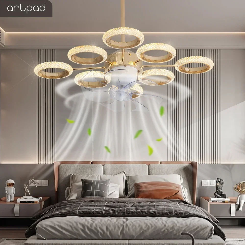 Artpad Crystal Chandelier Fan Luxury Led Ceiling Fan Lamp with Light with Remote Control LIving Room Dimmable for Dinning Room