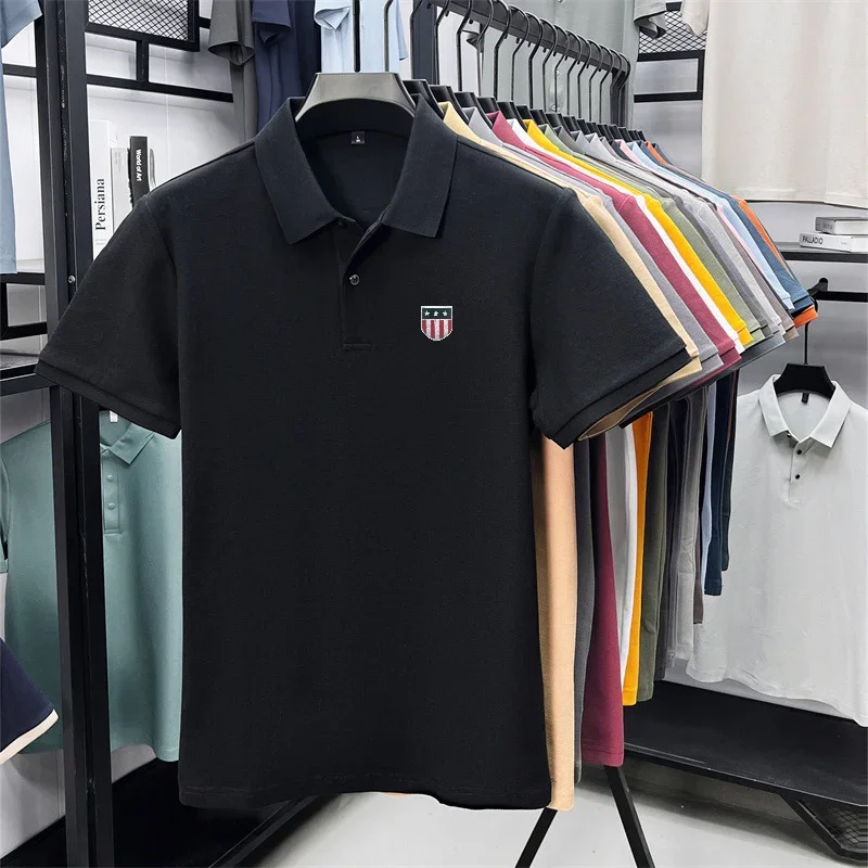 Men's Summer Luxury 100% Cotton Polo Shirt, Lapel Print Short Sleeve T-shirt, Breathable Business Casual Menswear