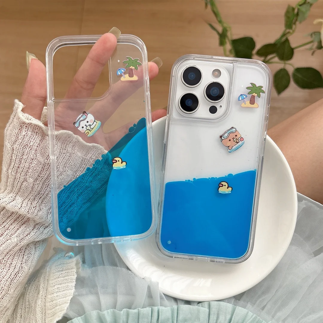 

Cartoon Surfing Bear Dynamic Liquid Case For IPhone 16 Pro Max 15 14 13 12 11 Blue Ocean Quicksand clear soft Covers﻿﻿﻿﻿