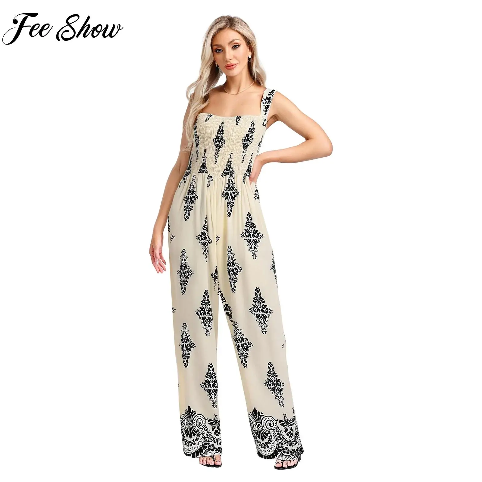 

Boho Style Womens One-piece Print Sling Rompers Elastic Bodice Wide Leg Pant High Waist Jumpsuit Adult Female Fashion Clothing