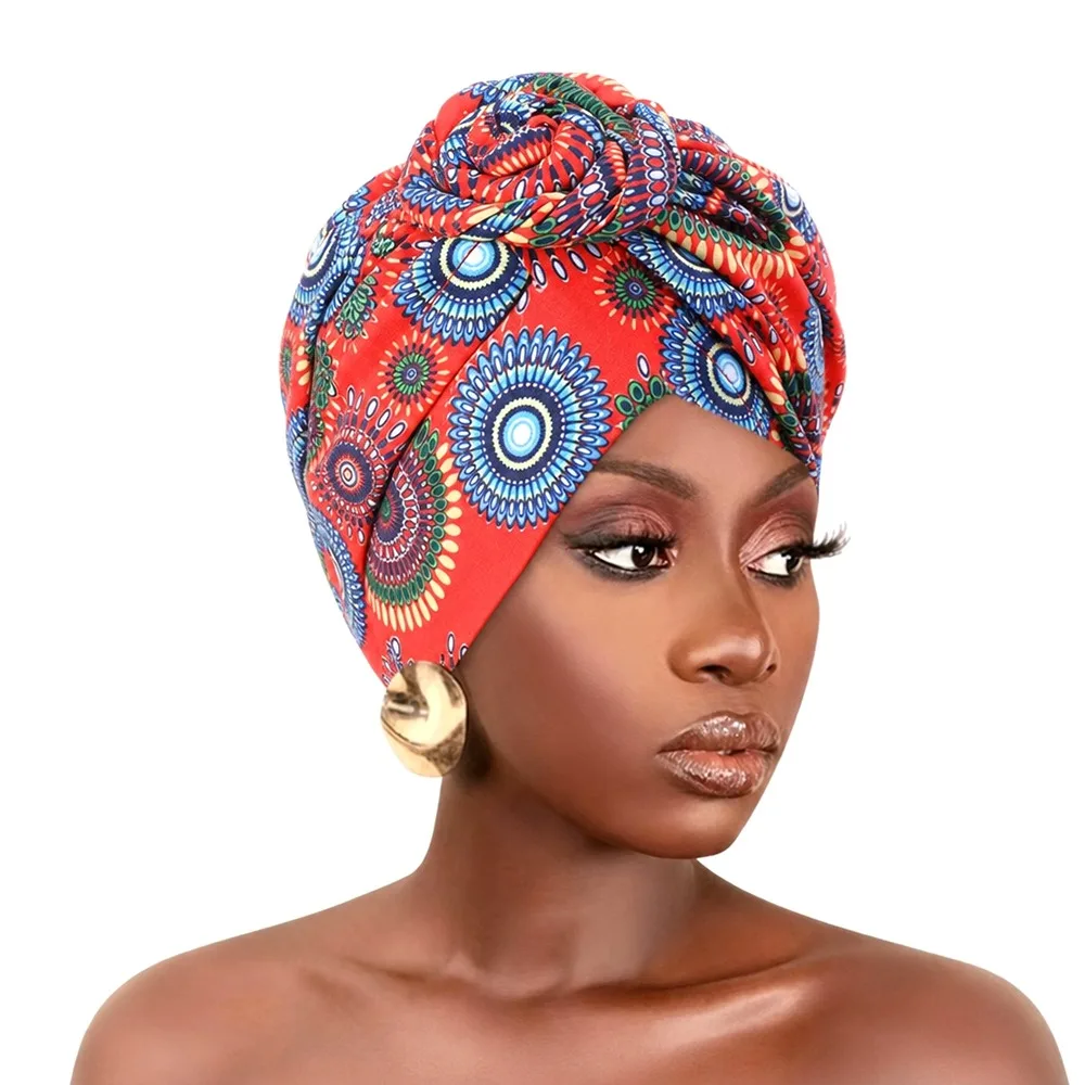 New African Print Hijab Caps Knotted Style Pleated Twist Knot Turban Hat Elastic Breathable Headscarf Women Headwear