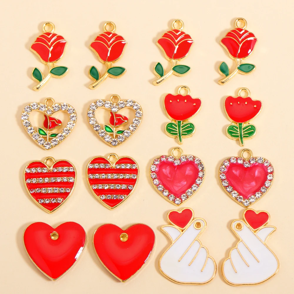 10Pcs Charming Enamel Red Heart Rose Flower Pendants Fit DIY Handmade Sweet Charms Earrings Necklace Valentine's Day Jewelry Gif