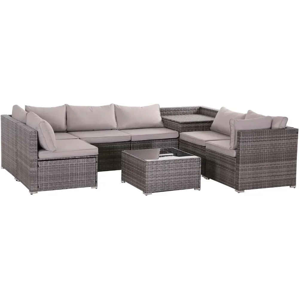 7 Pieces Patio Furniture Set, Rattan Sectional Sofa Set, Washable Cushions & Glass Table, Garden Furniture Set