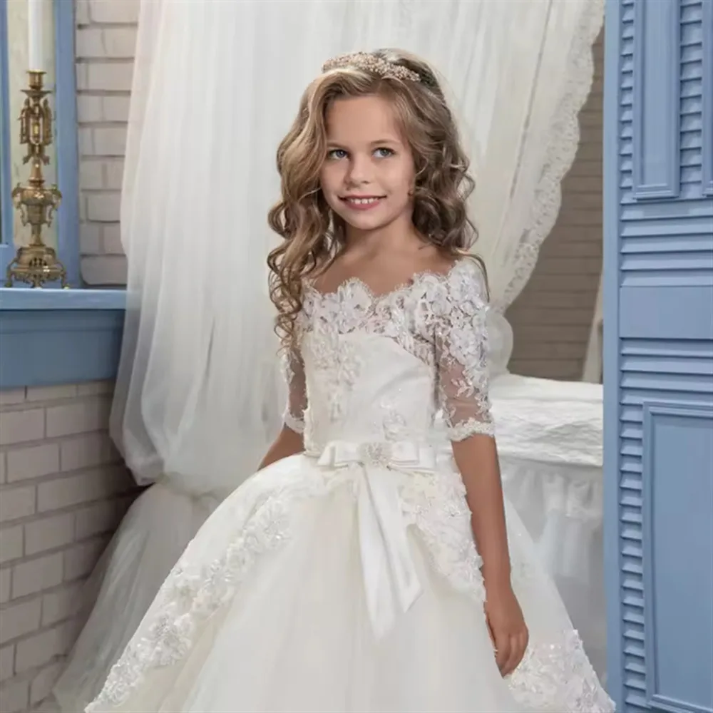NEW First Communion Dresses Half-sleeved Lace Printed Princess Dress White Angel Flower Girl Bridesmaid Wedding Dream Kids Gift
