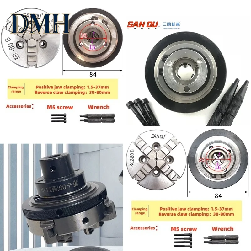 Sanou K01-80 K02-80 Lathe Chuck three Jaw.four jaw No threads Connected with flange Hand-tight Mini DIY Metal Wood Lathe Tools-D