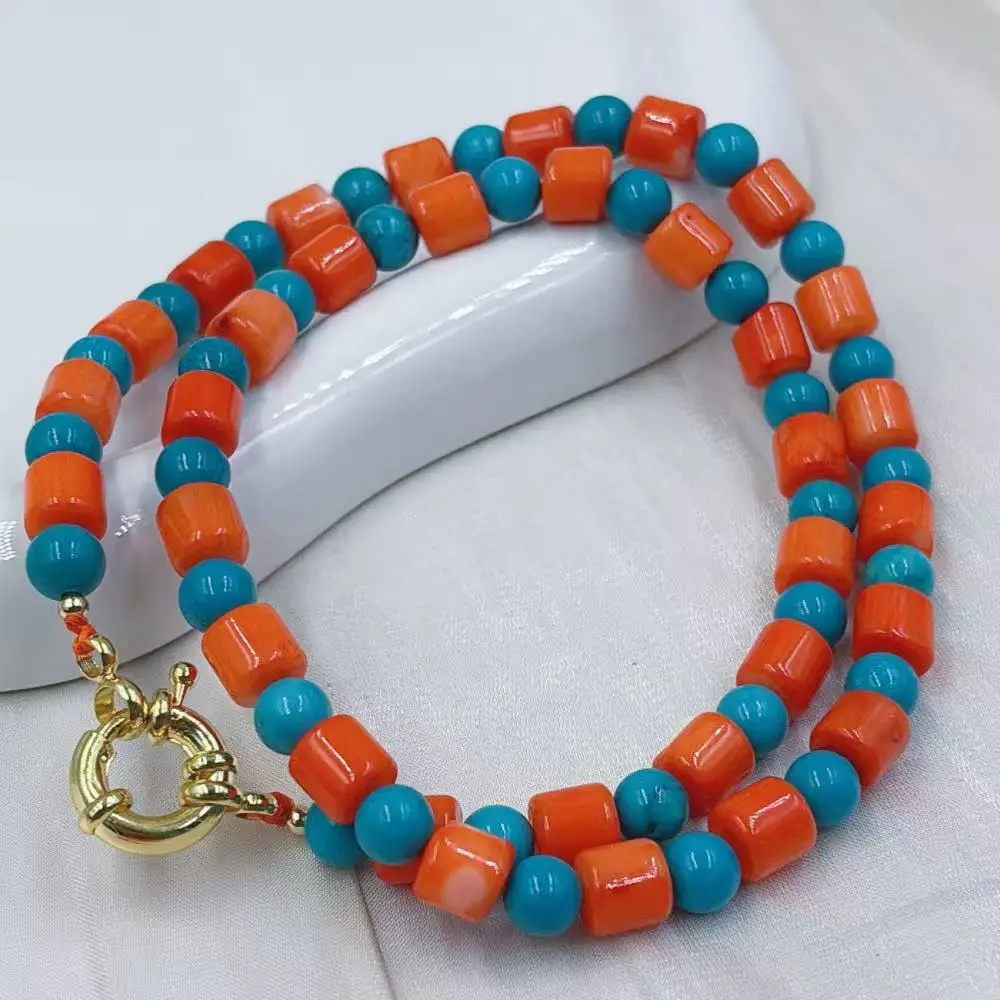 40-90cm Women Gift Blue Turquoise Natural Sea Bamboo Orange Coral Jewelry Chokers Collar Necklace 6mm 7-8mm