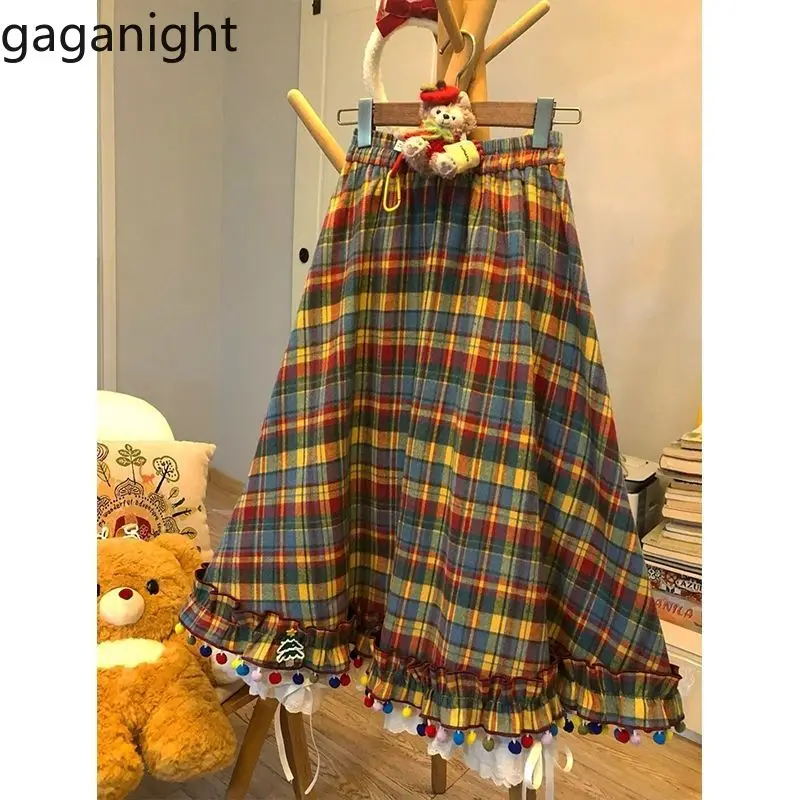 Gaganight Women Christmas Candy Color Retro Festive Plaid Pleated Skirt 2024 Spring New Vintage French Style Half Long Skirt