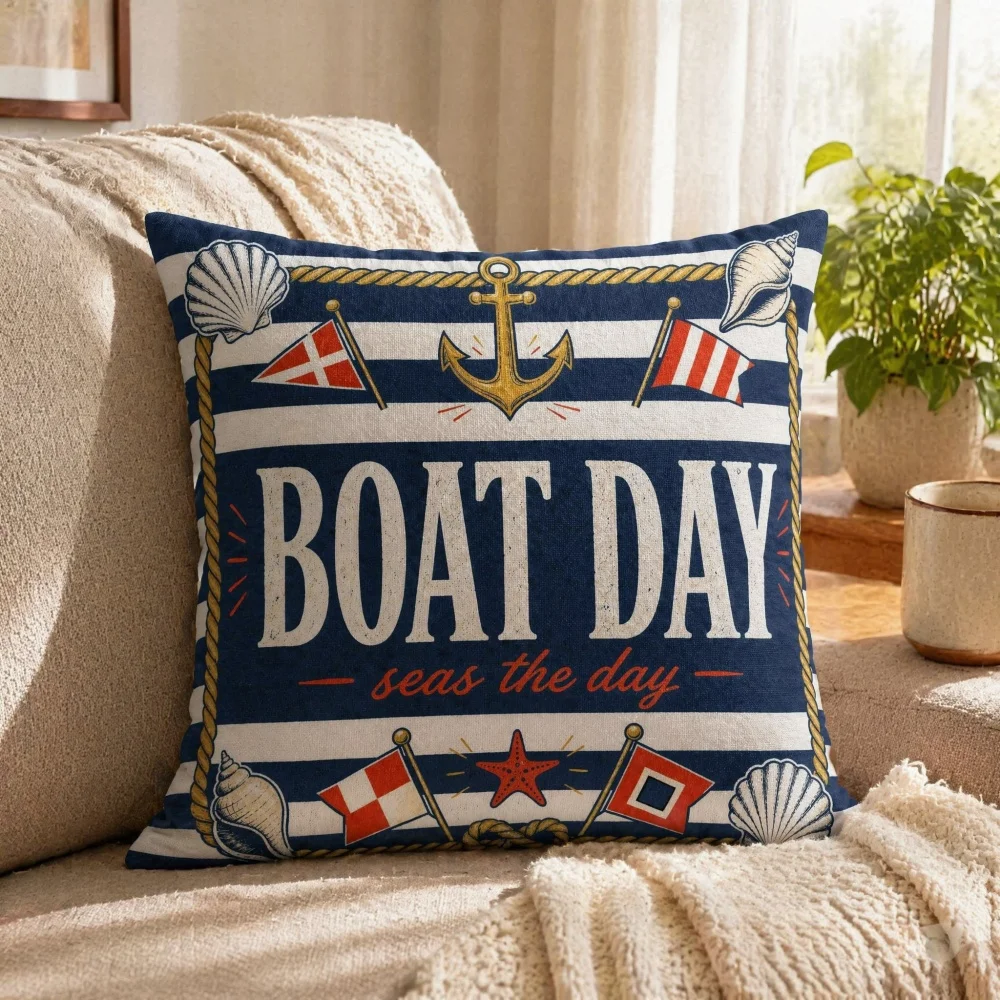 Stripe Anchor Shell Signal Flag Star Print Square Full Throw Pillow With Insert Soft Linen Coastal Nautical Sofa Decor Cushion