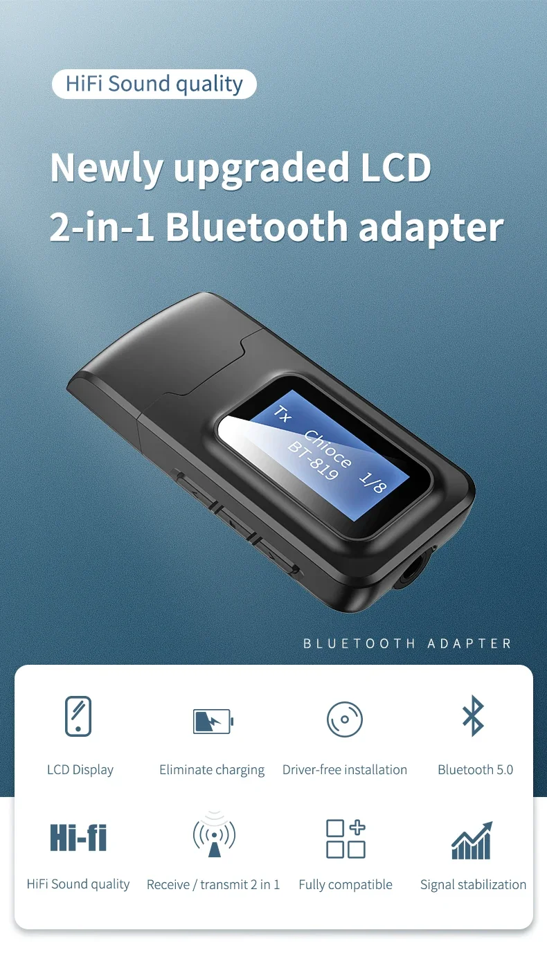 

USB Bluetooth 5.0 Audio Transmitter Receiver LCD Display 3.5MM AUX RCA Stereo Wireless Adapter Dongle For PC TV Car Headphones