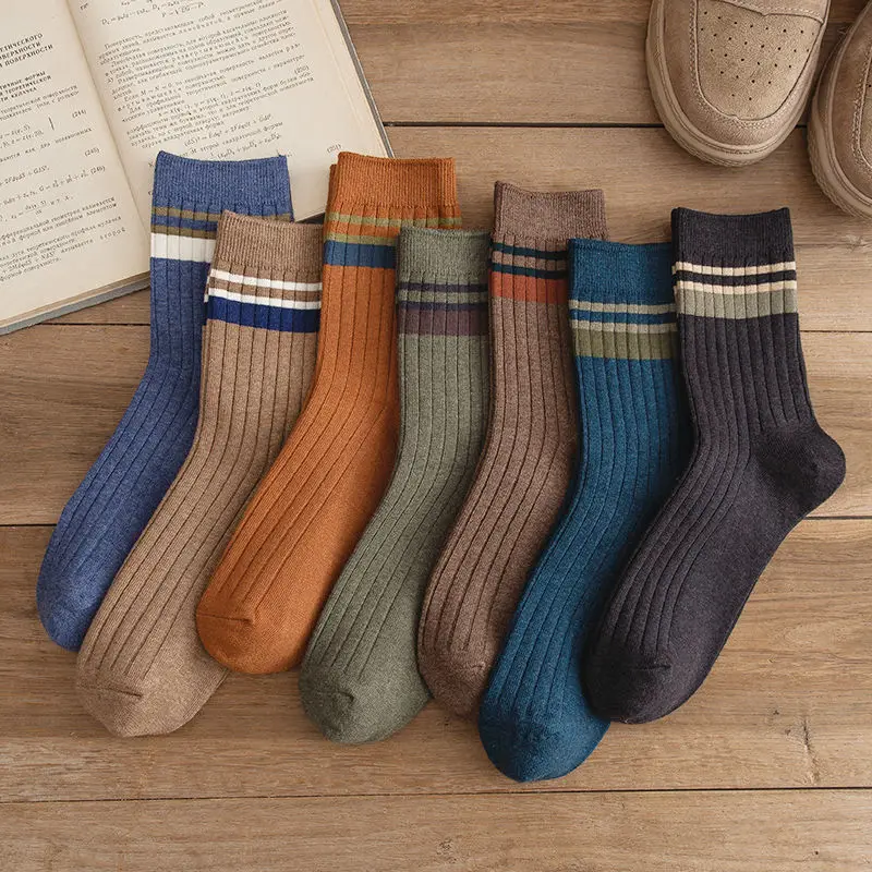 6/12 Pairs Uni Solid Color Striped Mid Tube Socks Breathable Sweat Absorbing Odor Proof Soft Comfortable Couples Casual Socks